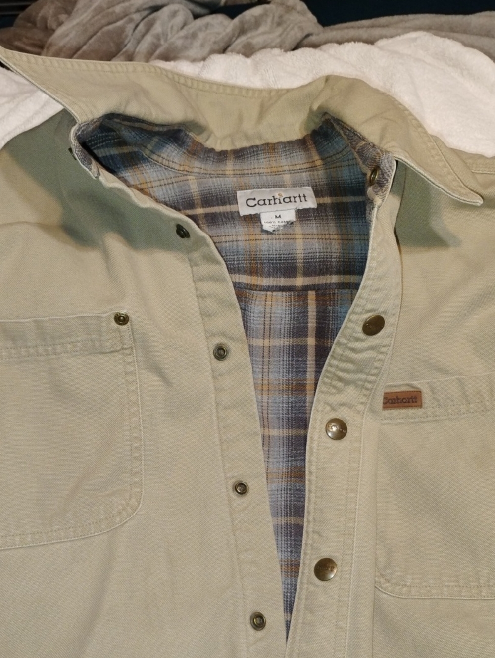 Carhartt Men's Tan Lightweight Canvas Jacket with Blue-Brown Plaid Flanne Lining